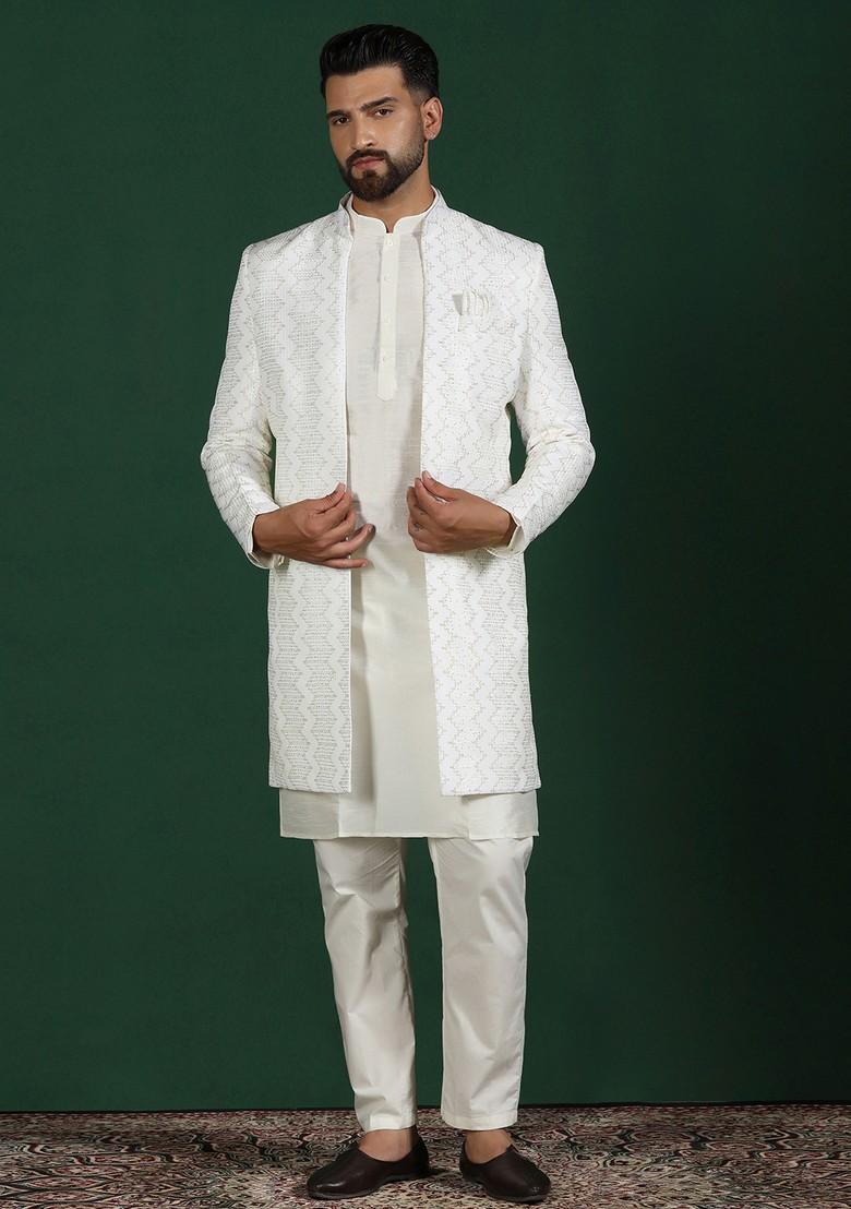 White Embroidered Cotton Sherwani Set For Men