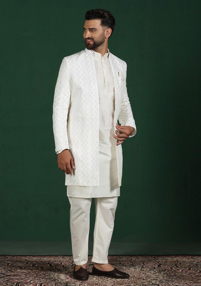 White Embroidered Cotton Sherwani Set For Men