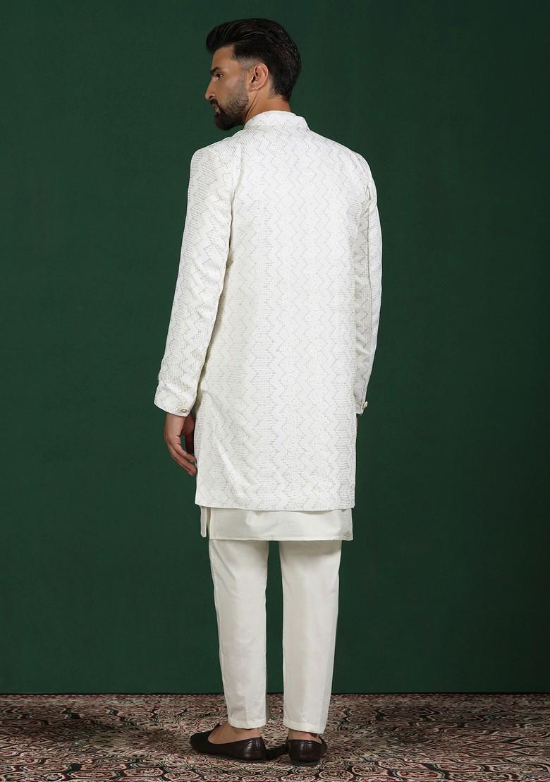 White Embroidered Cotton Sherwani Set For Men