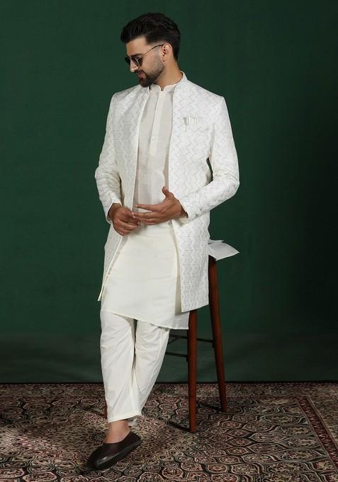 White Embroidered Cotton Sherwani Set For Men