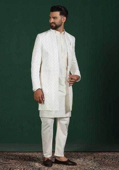 White Embroidered Cotton Sherwani Set For Men