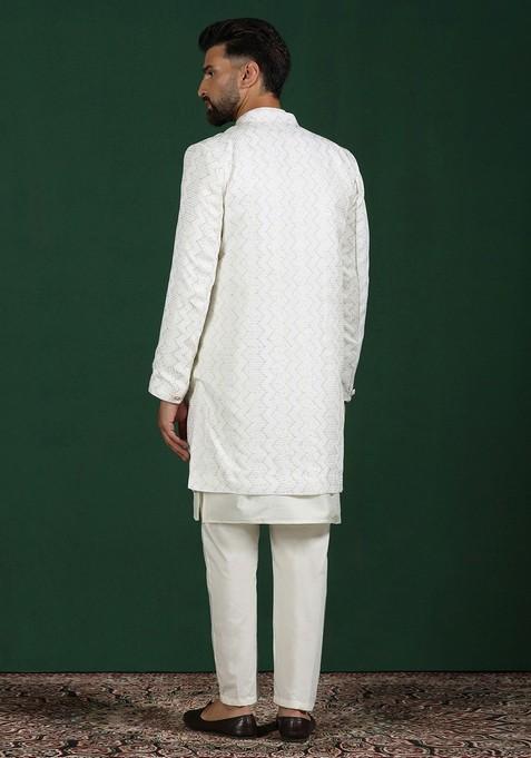 White Embroidered Cotton Sherwani Set For Men