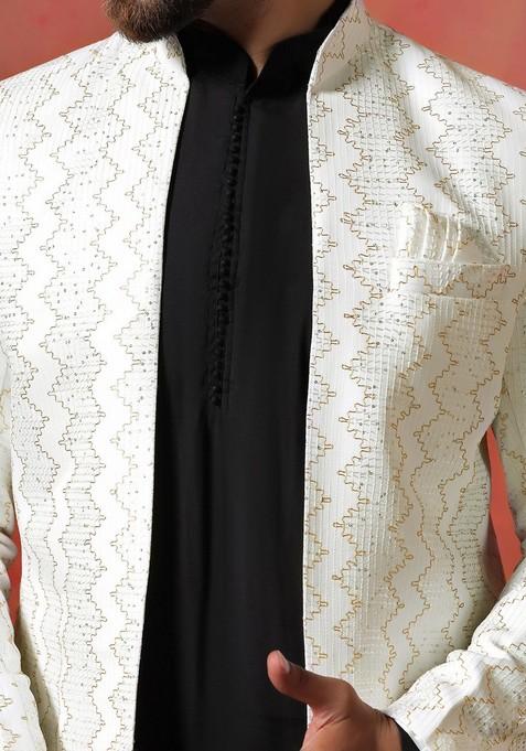 White Embroidered Cotton Sherwani Set For Men