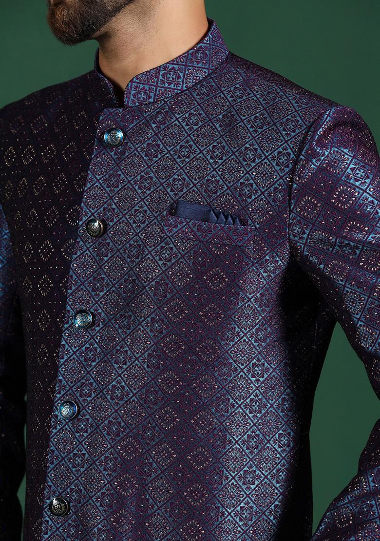 Navy Blue Embroidered Jacquard Sherwani Set For Men