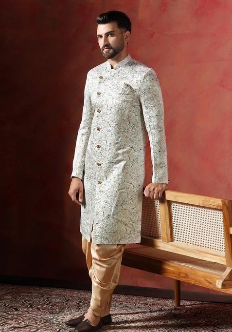 Off White Embroidered Cotton Sherwani Set For Men
