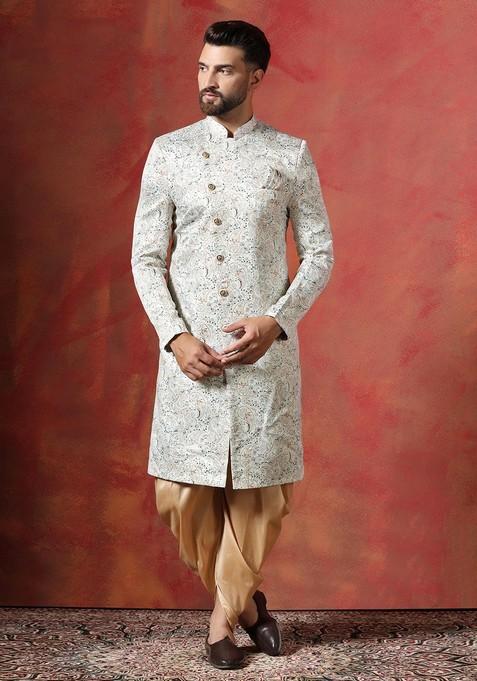 Off White Embroidered Cotton Sherwani Set For Men