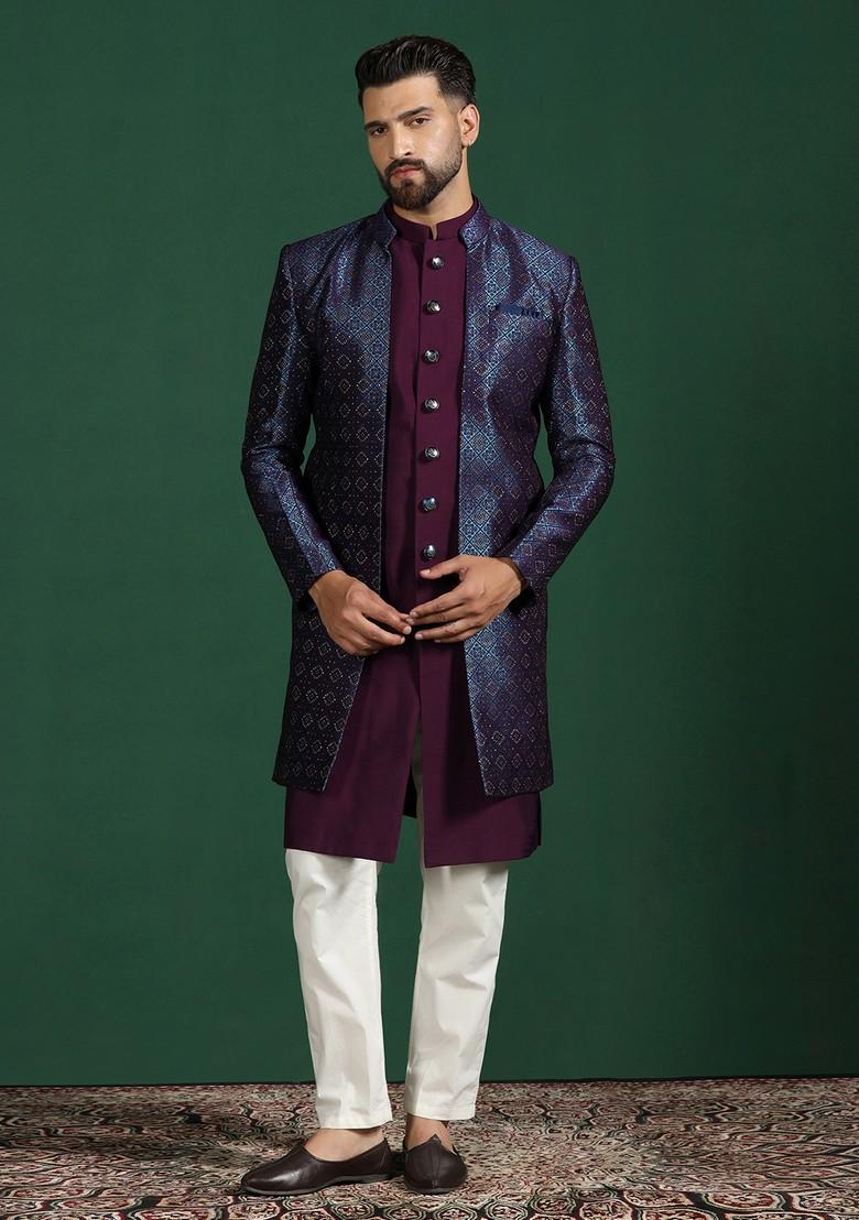 Navy Blue Embroidered Jacquard Sherwani Set For Men
