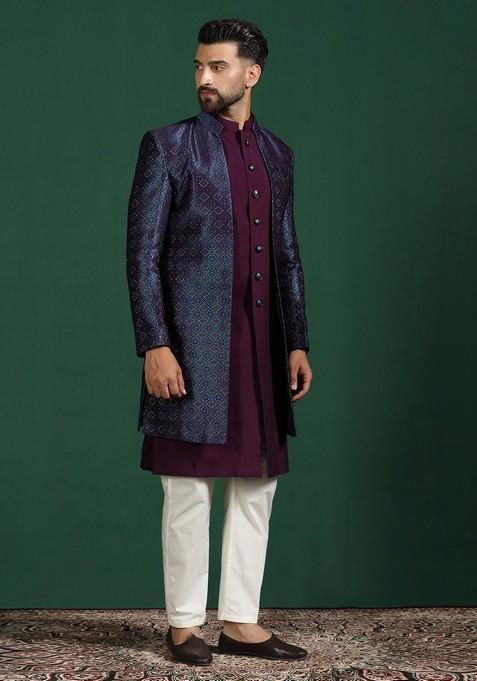 Navy Blue Embroidered Jacquard Sherwani Set For Men