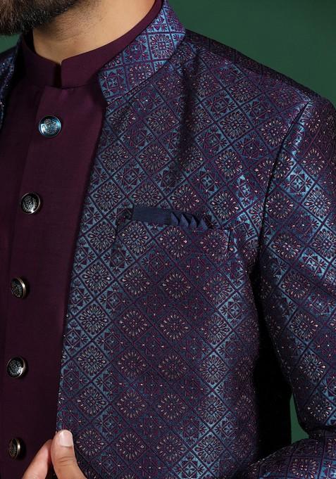 Navy Blue Embroidered Jacquard Sherwani Set For Men