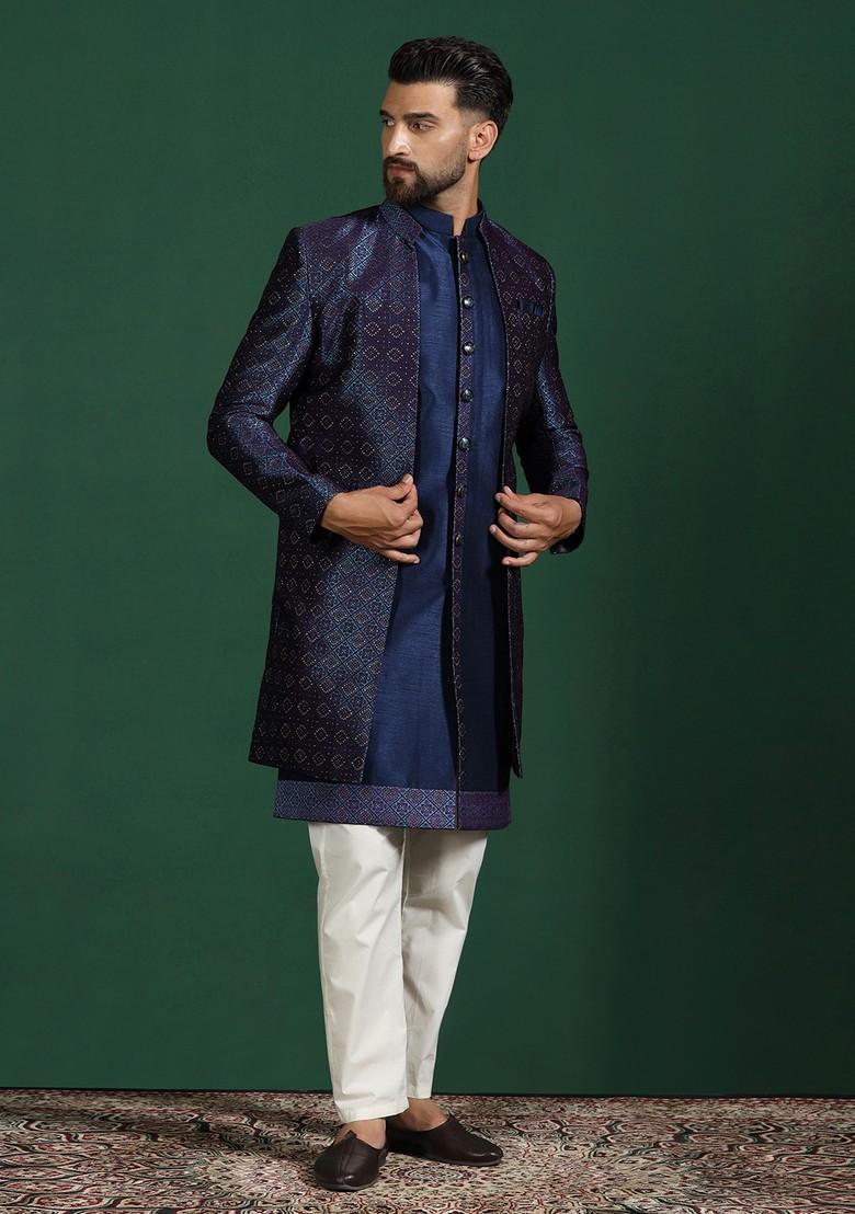Navy Blue Embroidered Jacquard Sherwani Set For Men