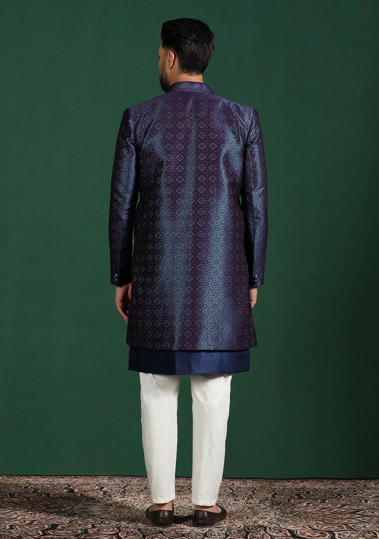 Navy Blue Embroidered Jacquard Sherwani Set For Men