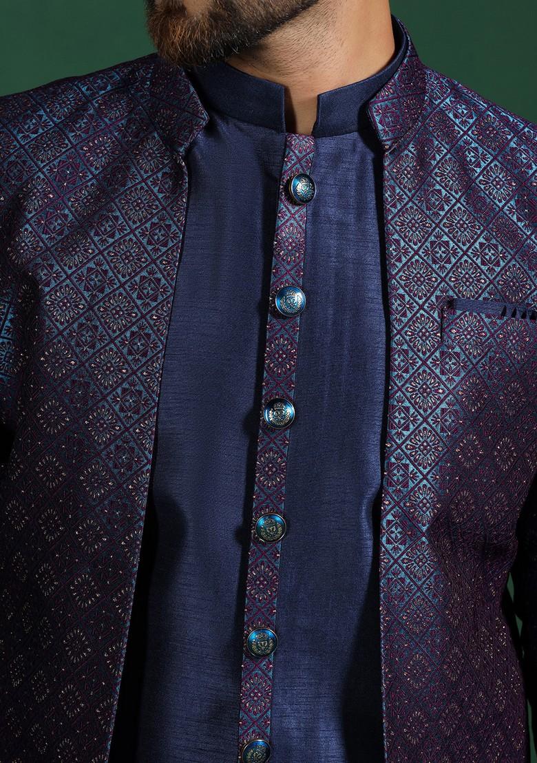 Navy Blue Embroidered Jacquard Sherwani Set For Men