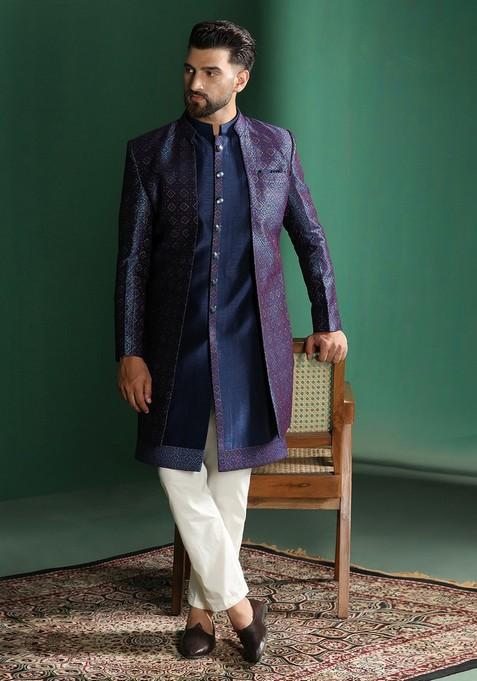 Navy Blue Embroidered Jacquard Sherwani Set For Men