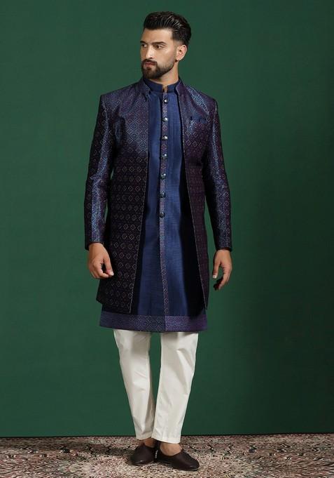 Navy Blue Embroidered Jacquard Sherwani Set For Men