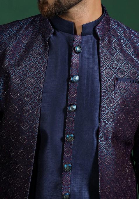 Navy Blue Embroidered Jacquard Sherwani Set For Men