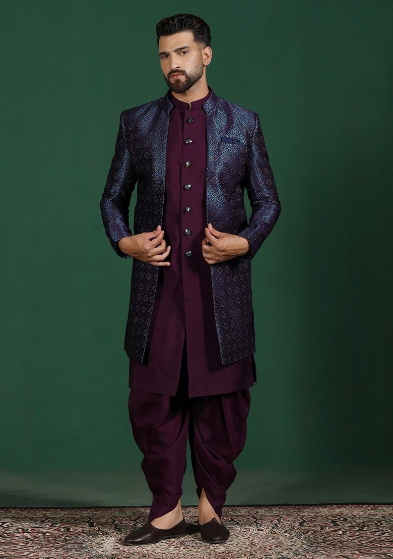 Navy Blue Embroidered Jacquard Sherwani Set For Men