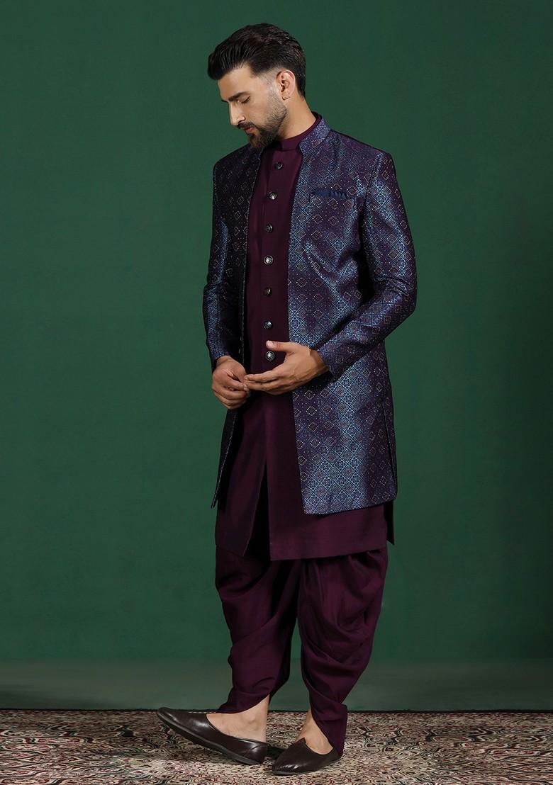 Navy Blue Embroidered Jacquard Sherwani Set For Men