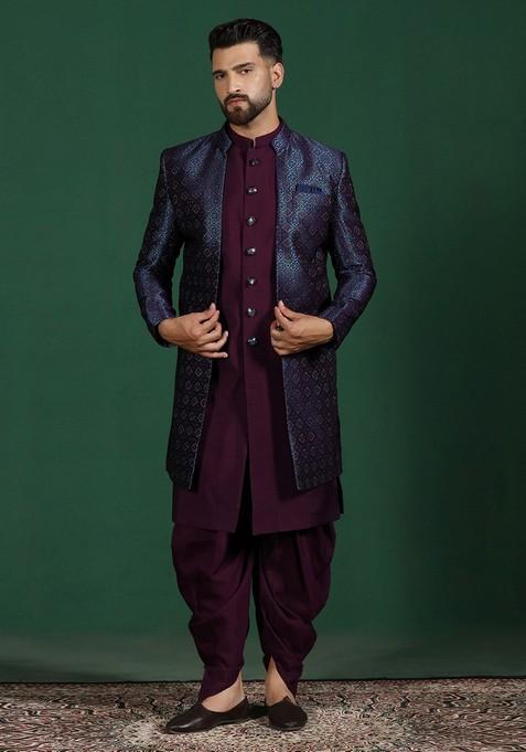 Navy Blue Embroidered Jacquard Sherwani Set For Men