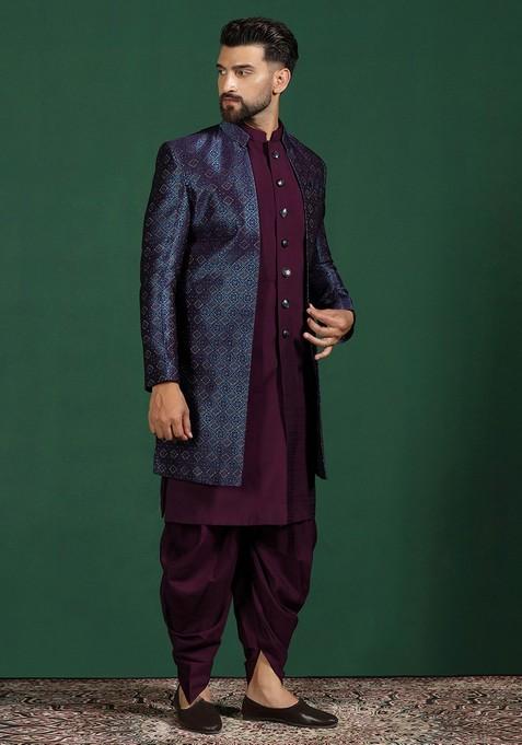 Navy Blue Embroidered Jacquard Sherwani Set For Men