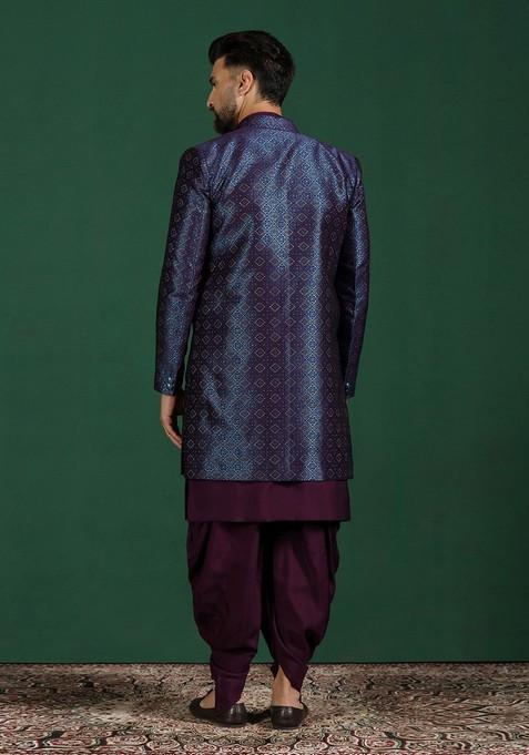 Navy Blue Embroidered Jacquard Sherwani Set For Men