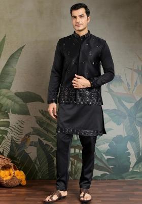 Black Mirror Work Silk Nehru Jacket Set For Men