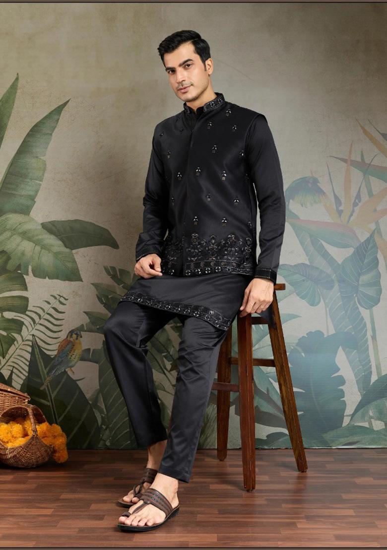 Black Mirror Work Silk Nehru Jacket Set For Men
