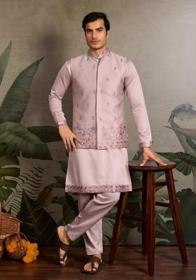 Light Pink Mirror Work Silk Nehru Jacket Set For Men