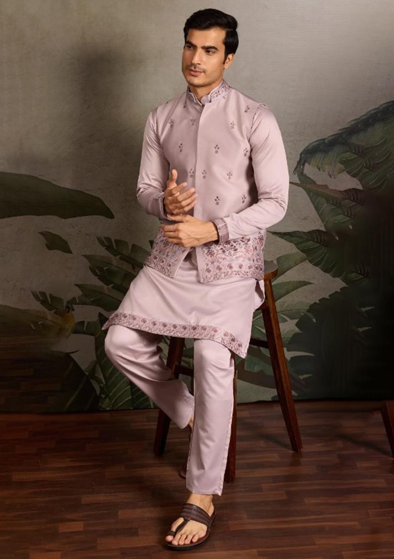 Light Pink Mirror Work Silk Nehru Jacket Set For Men
