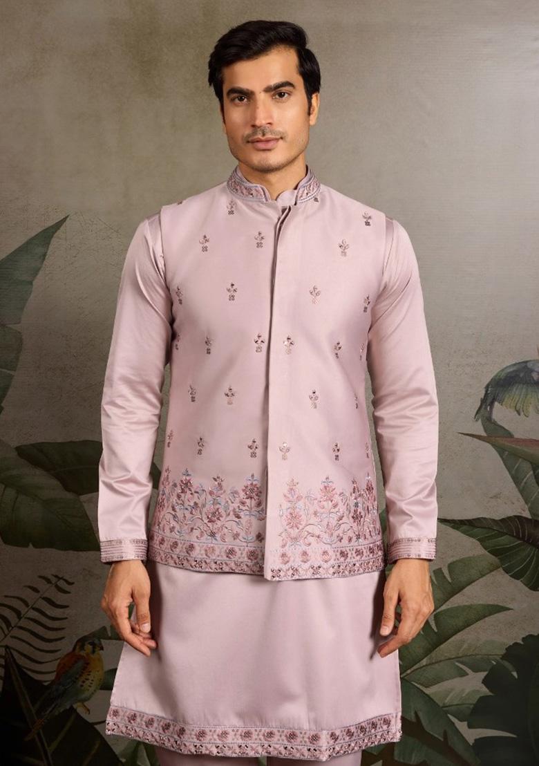 Light Pink Mirror Work Silk Nehru Jacket Set For Men