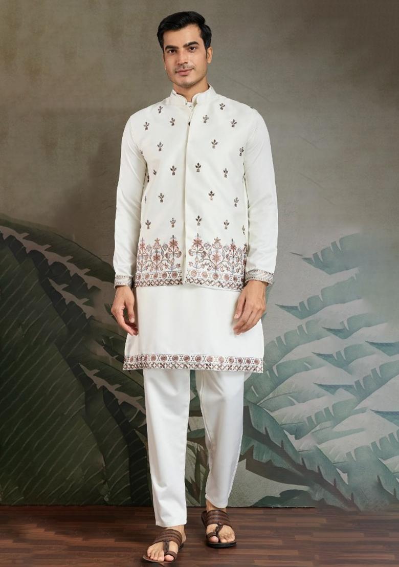 White Mirror Work Silk Nehru Jacket Set For Men