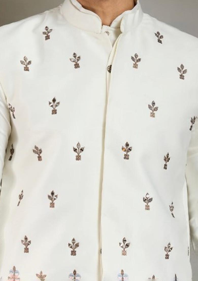 White Mirror Work Silk Nehru Jacket Set For Men