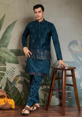 Teal Blue Mirror Work Silk Nehru Jacket Set For Men