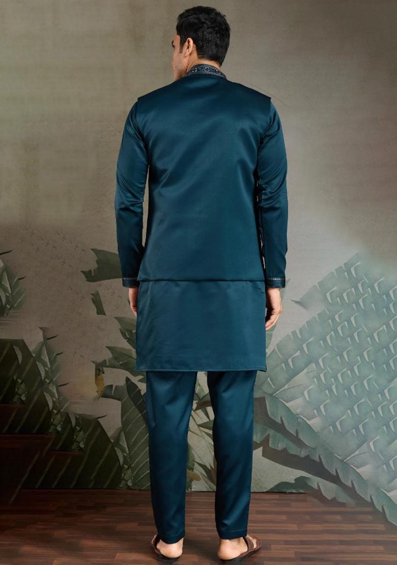 Teal Blue Mirror Work Silk Nehru Jacket Set For Men