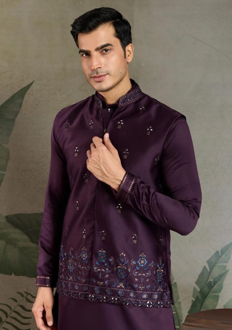 Purple Mirror Work Silk Nehru Jacket Set For Men