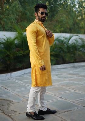 Yellow Mirror Work Silk Kurta Set For Men