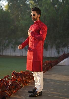 Red Mirror Work Silk Kurta Set For Men