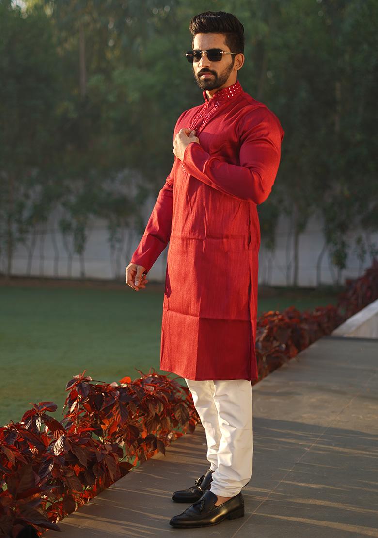 Red Mirror Work Silk Kurta Set For Men