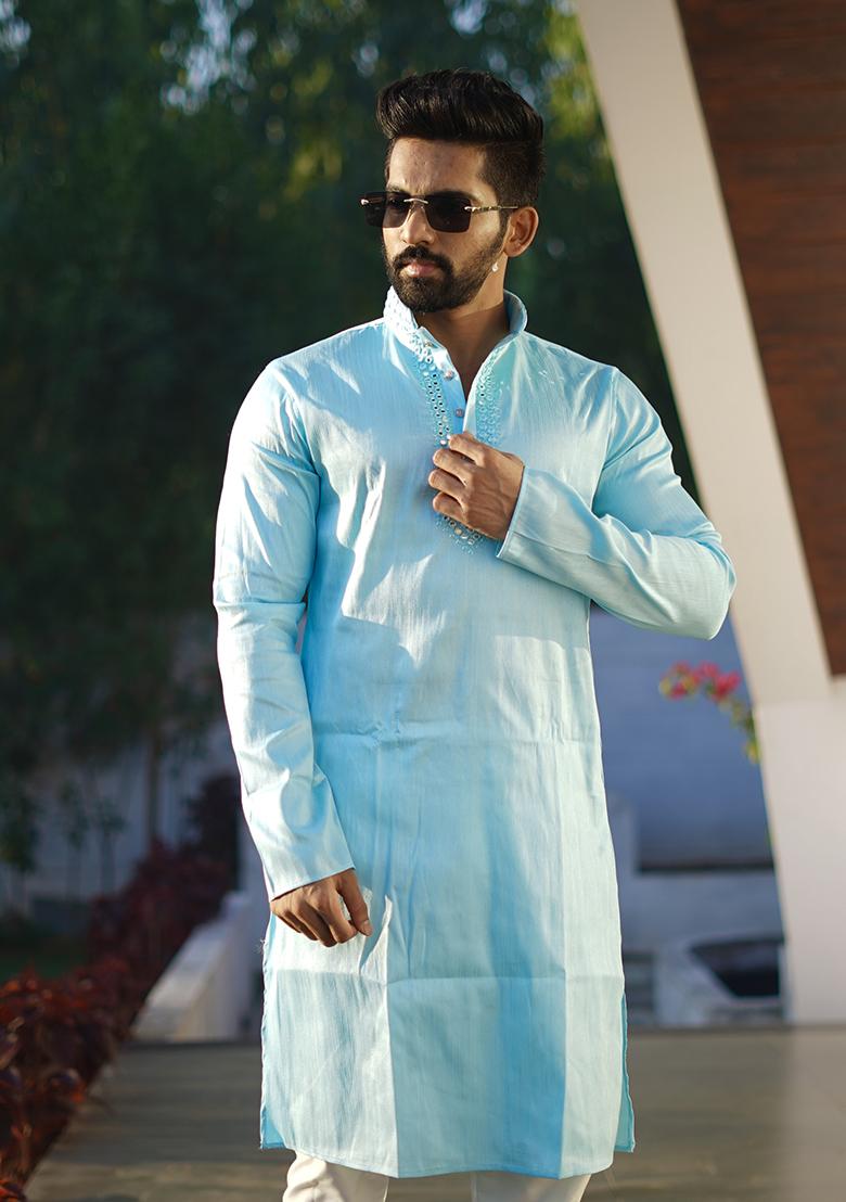 Sky Blue Mirror Work Silk Kurta Set For Men