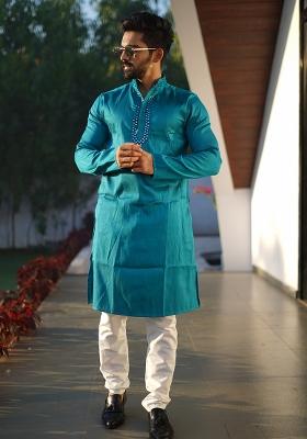 Teal Blue Mirror Work Silk Kurta Set For Men