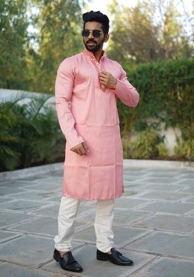 Pink Mirror Work Silk Kurta Set For Men