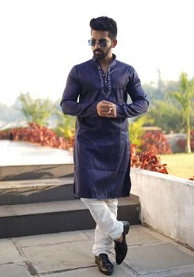 Navy Blue Mirror Work Silk Kurta Set For Men