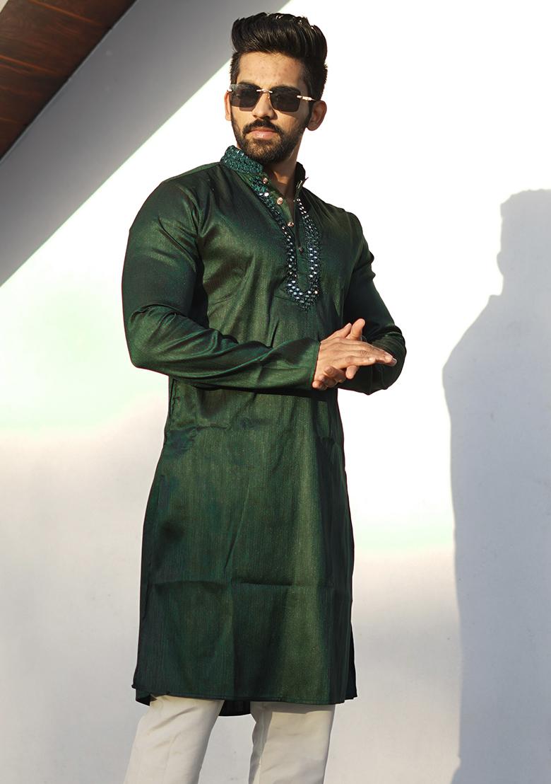 Green Mirror Work Silk Kurta Set For Men