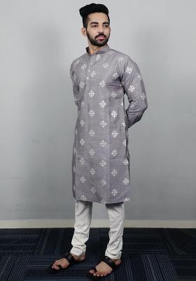 Grey Sequence Work Soft Silk Kurta Set For Men