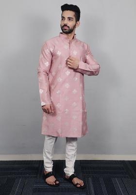 Pink Sequence Work Soft Silk Kurta Set For Men