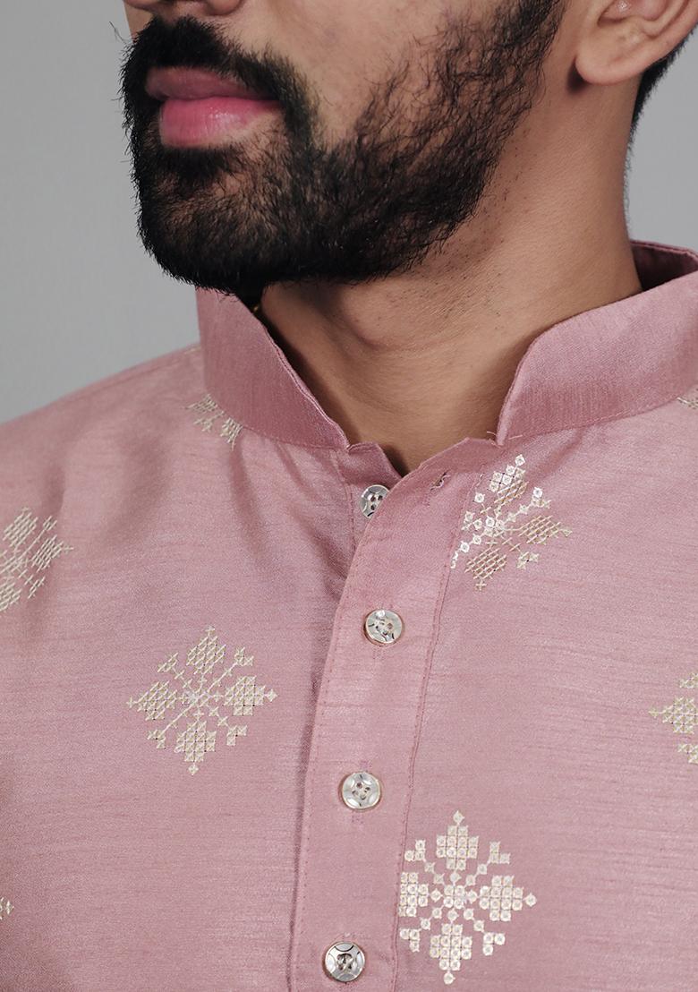 Pink Sequence Work Soft Silk Kurta Set For Men