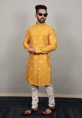 Yellow Sequence Work Soft Silk Kurta Set For Men