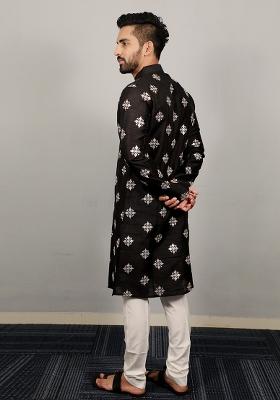 Black Sequence Work Soft Silk Kurta Set For Men