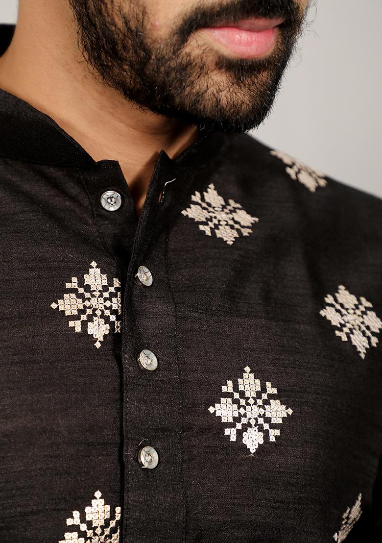 Black Sequence Work Soft Silk Kurta Set For Men
