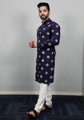 Navy Blue Sequence Work Soft Silk Kurta Set For Men