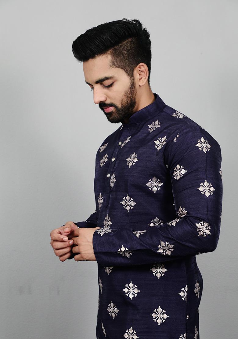 Navy Blue Sequence Work Soft Silk Kurta Set For Men